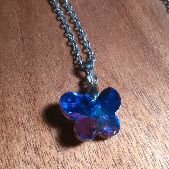 Magic Color Crystal Butterfly Brass Pendant Stainless Steel Necklace - Picture 3 of 16